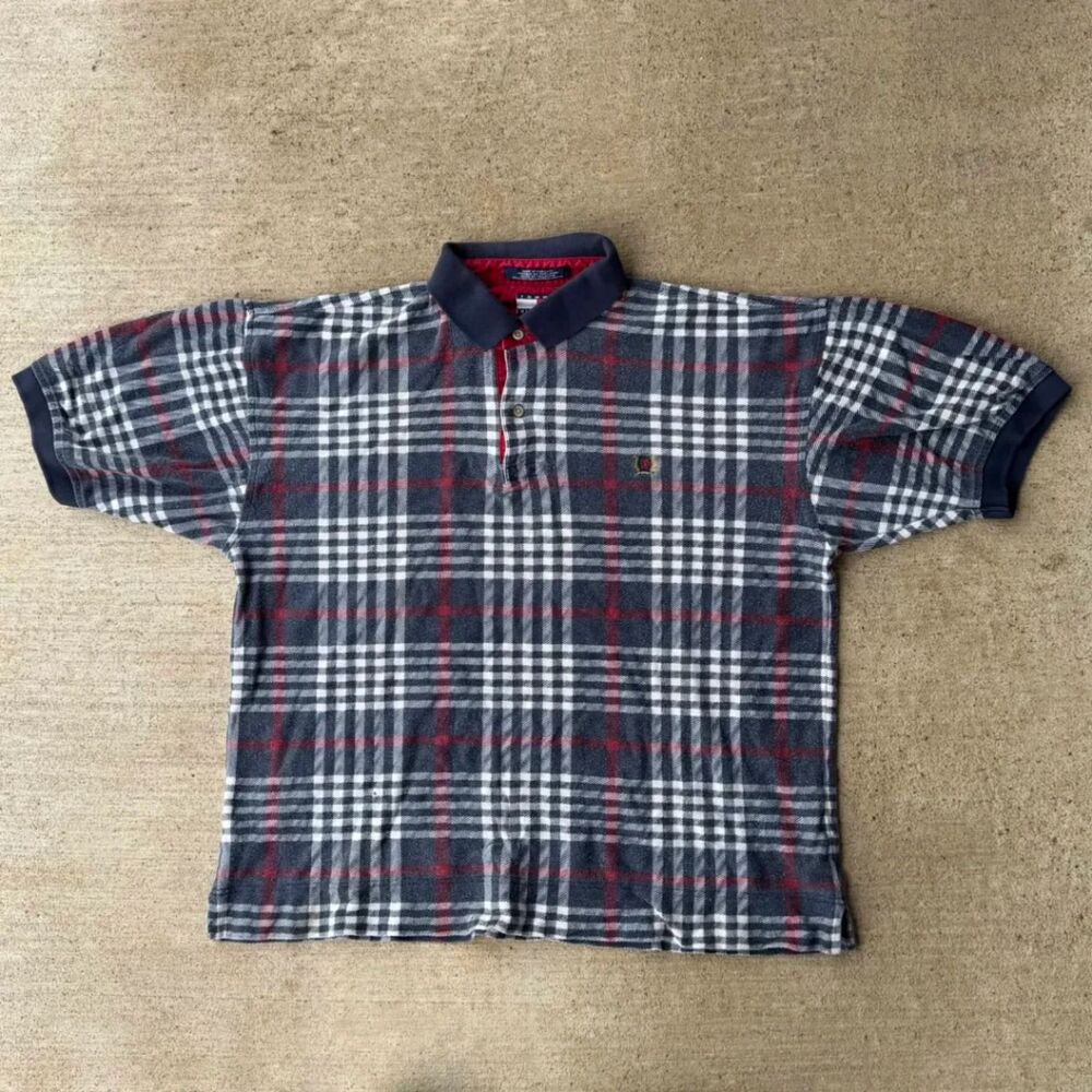 Vtg 90s Tommy Hilfiger Plaid Polo Shirt Large Crest Logo Grey Navy Red Pique